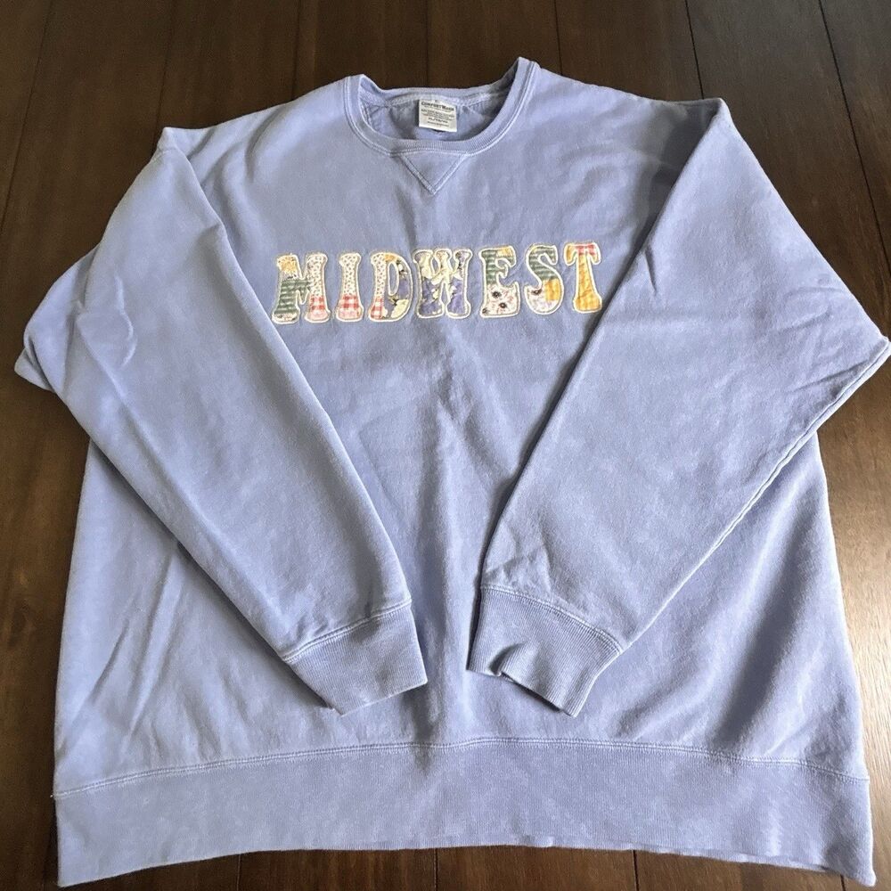 Comfort Wash Quilted "Midwest" Crew Neck Sweatshirt Blue Size XL